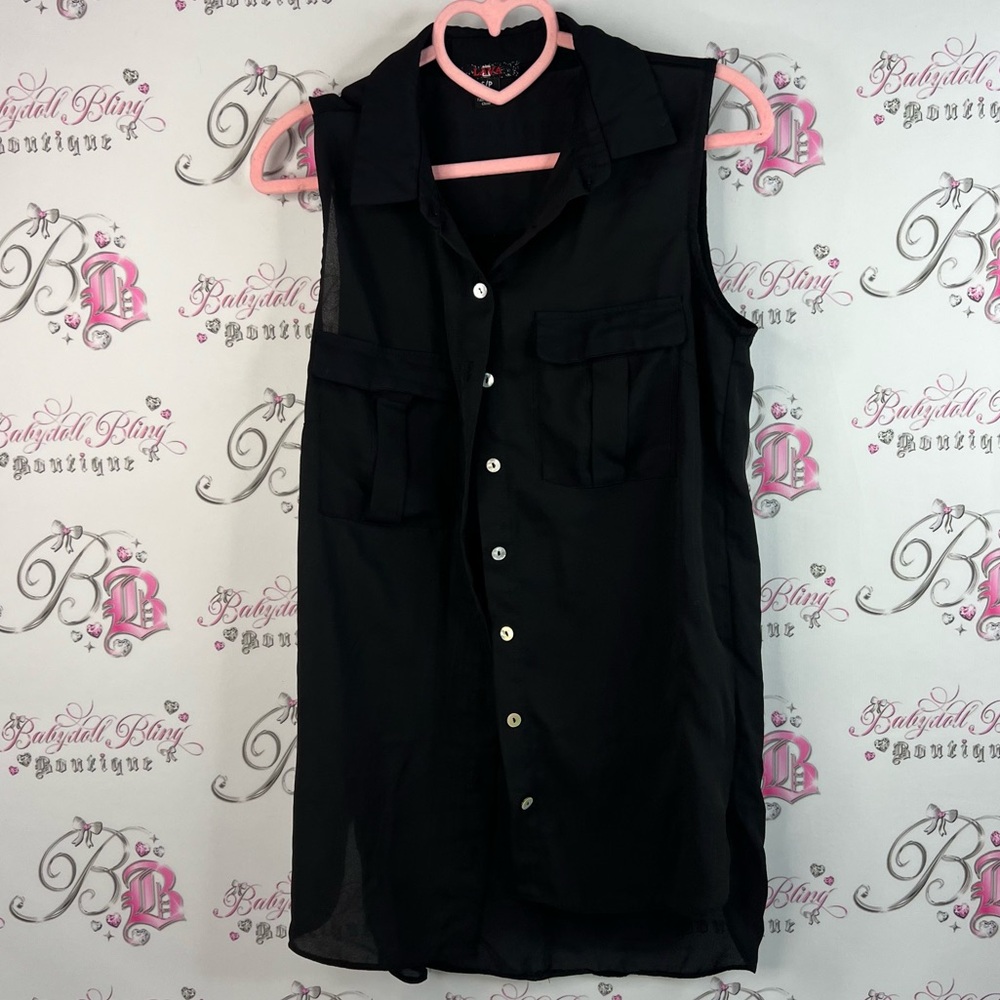 Lava tank top long mini dress button up Black Sleeveless Top collared pockets